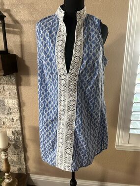 Rock Paper Flowers blue geometric sleeveless mini tunic dress v-neck women’s L